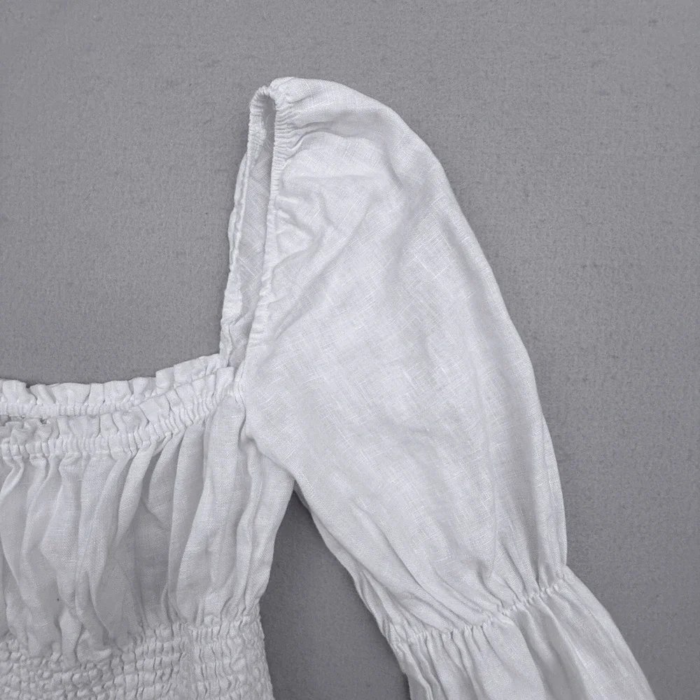 Reformation Oak Grove Linen Smocked Top Women Small White Peasant Puff Sleeve